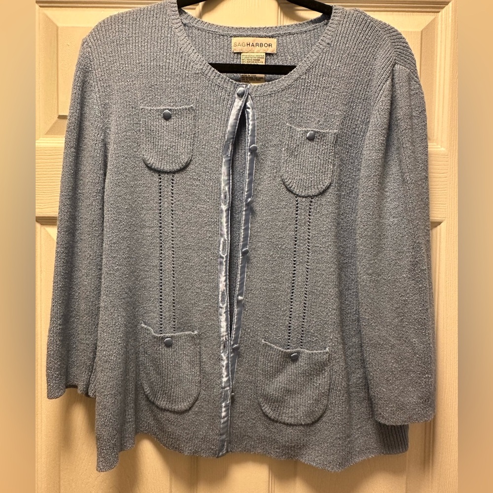 Vintage Sag Harbor Women's Light Blue Cardigan 3/4 sleeve. With satin detailing